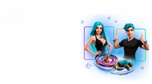 Изображение двух анимационных персонажей, мужчины и женщины, рекламирующих кэшбэк-бонус BitStarz с элементами казино и яркими неоновыми цветами.